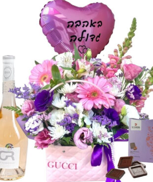 תיק פרחים סגול ורוד לבן - בלון יין ושוקולד