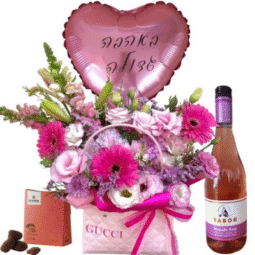 תיק פרחים ורוד בלון יין ושוקולד
