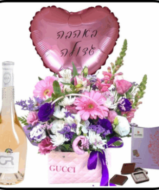 תיק פרחים סגול ורוד לבן - בלון יין ושוקולד