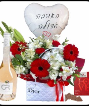 תיק פרחים לבן-אדום - בלון יין ושוקולד